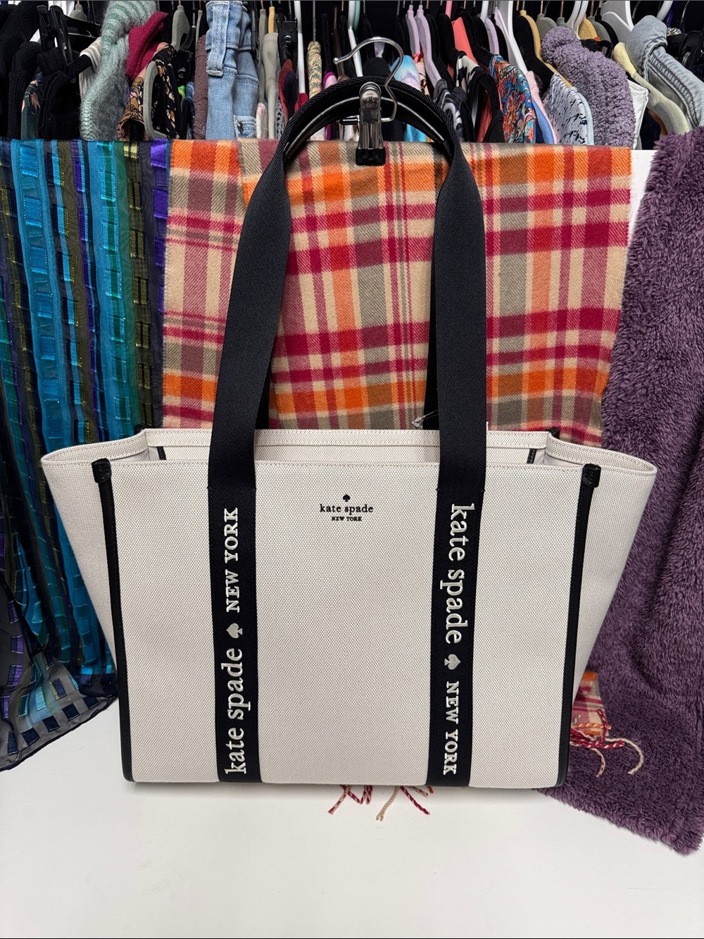 Kate Spade Canvas Tote in Ivory with Black Straps